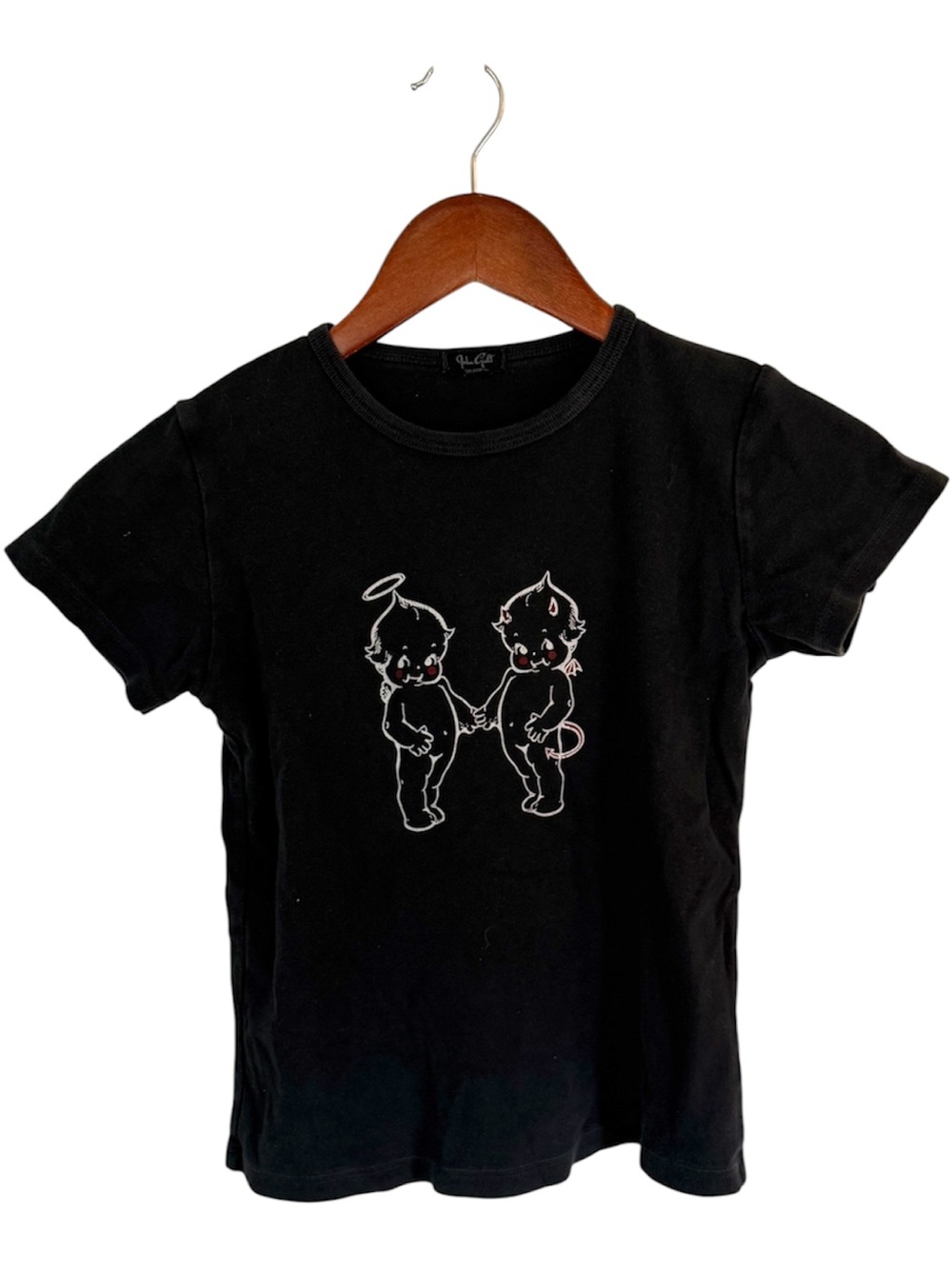 Brandy Melville Black Tee with Angel & Devil Kewpie Graphic